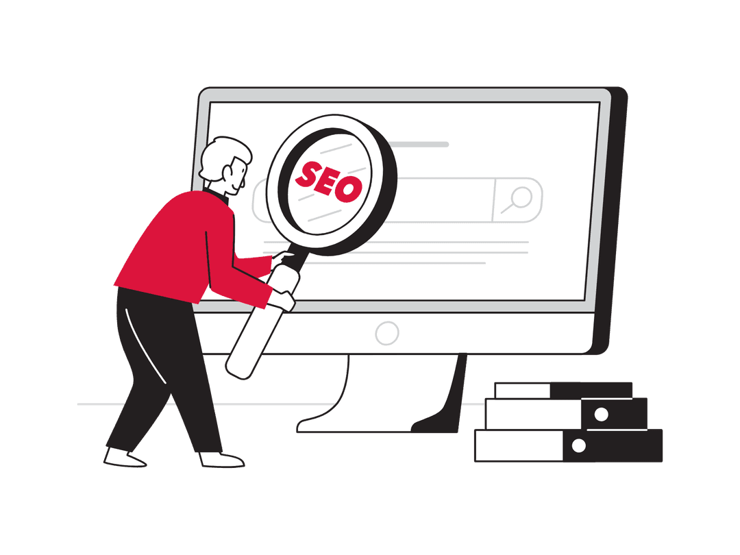 A user searching SEO with a magnifying glass in a browser on a desktop PC. A user searching SEO with a magnifying glass in a browser on a desktop PC.